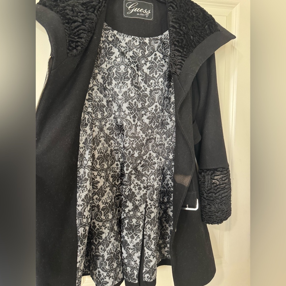 Guess Black Trench Coat with Faux Fur Accents - Picture 2 of 7